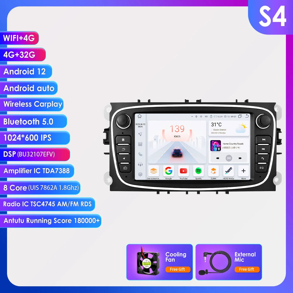 7" Android CarPlay Navigatie voor Ford Focus, S-Max, Mondeo, Galaxy & C-Max