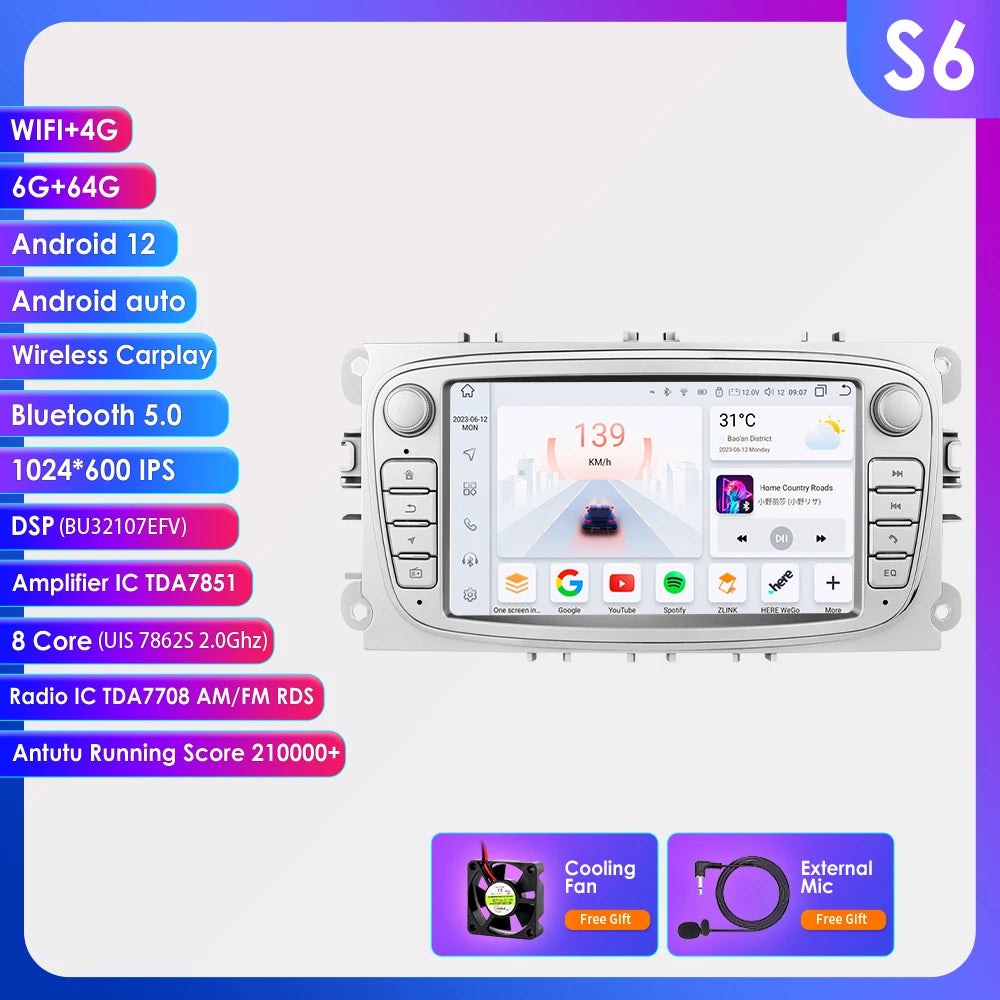7" Android CarPlay Navigatie voor Ford Focus, S-Max, Mondeo, Galaxy & C-Max