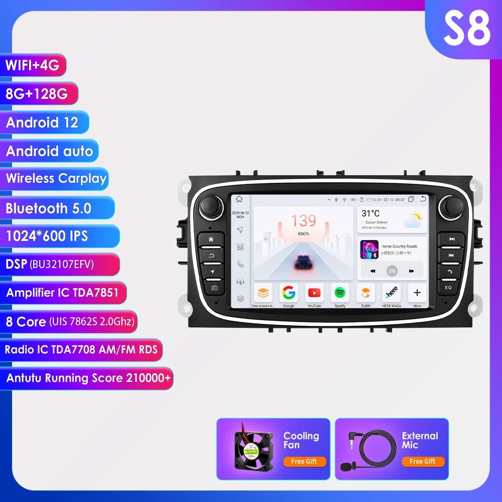 7" Android CarPlay Navigatie voor Ford Focus, S-Max, Mondeo, Galaxy & C-Max