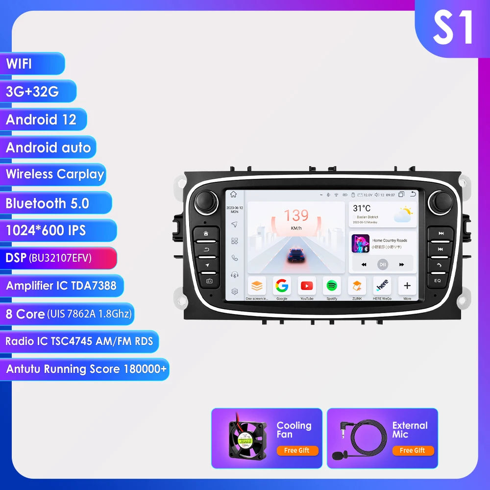 7" Android CarPlay Navigatie voor Ford Focus, S-Max, Mondeo, Galaxy & C-Max