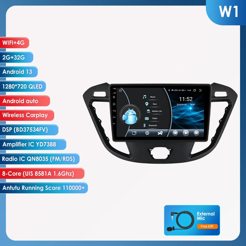 9" Android CarPlay Navigatie voor Ford Transit / Tourneo Custom (2013–2021)