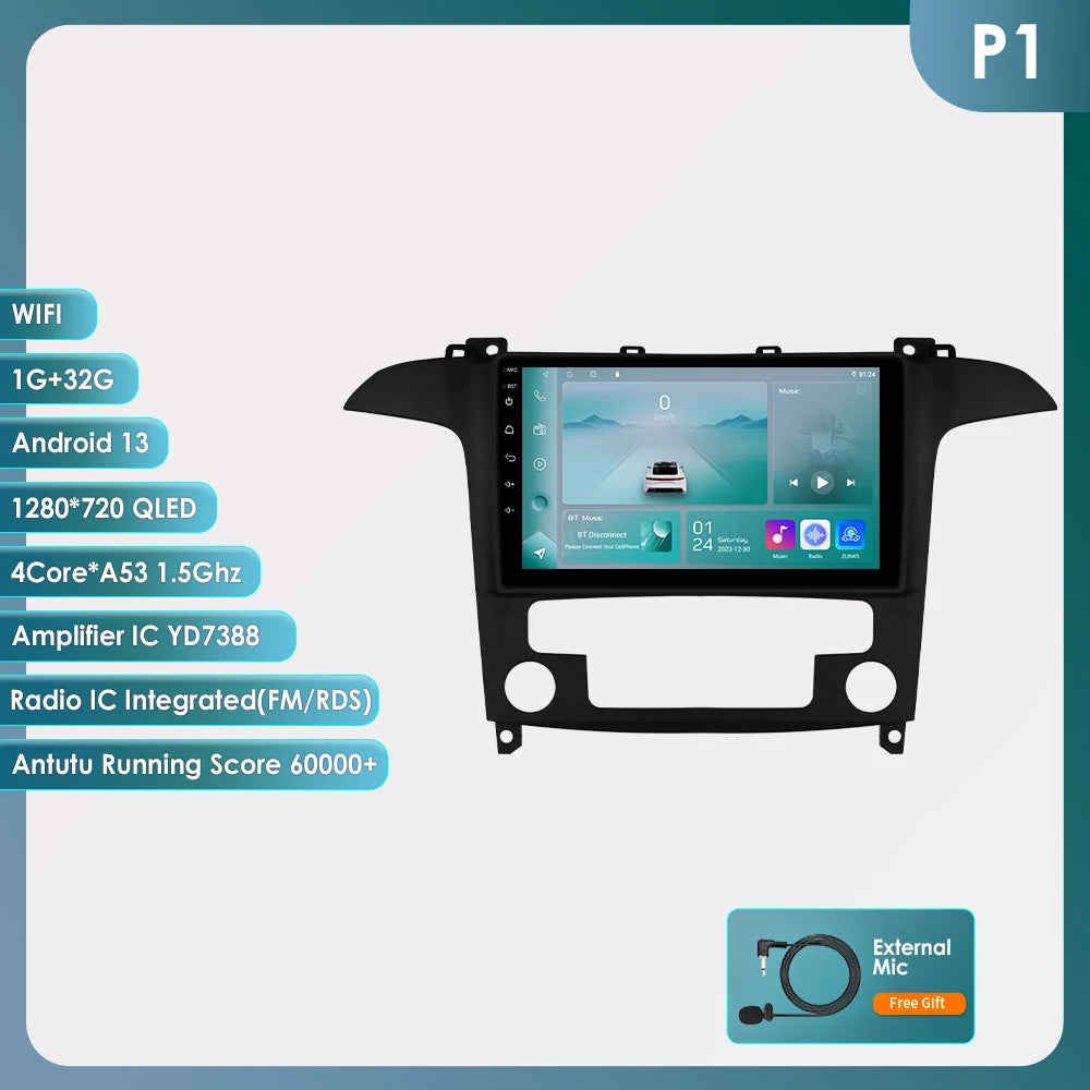 9" CarPlay Navigatie voor Ford S-Max (2007–2015) – Android 13, GPS & Draadloos