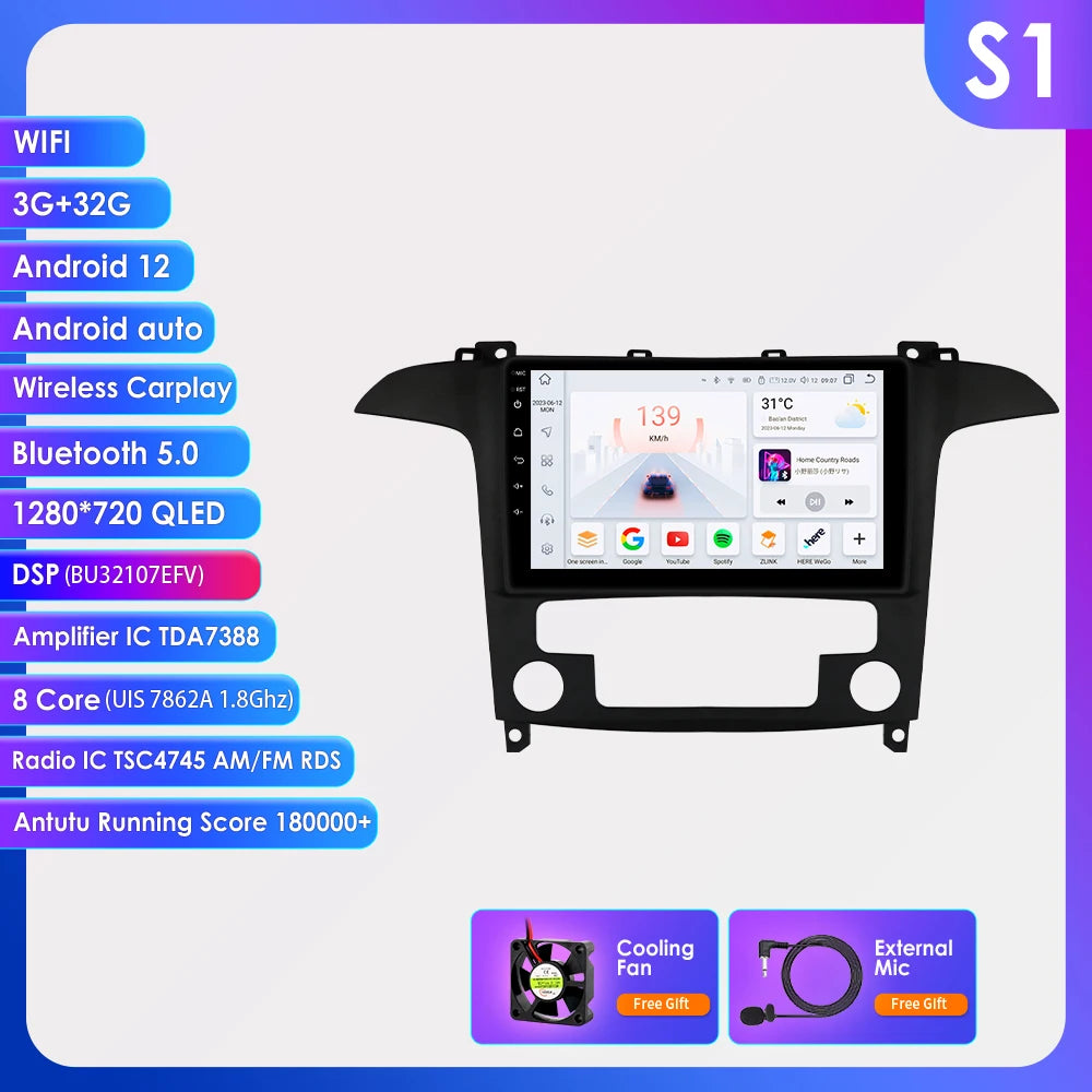 9" CarPlay Navigatie voor Ford S-Max (2007–2015) – Android 13, GPS & Draadloos