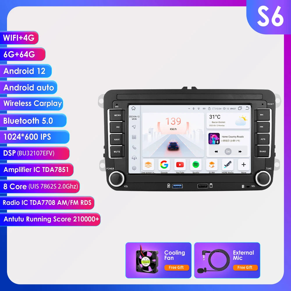 7" VW golf, polo, Seat & Skoda Navigatie | Draadloos Carplay