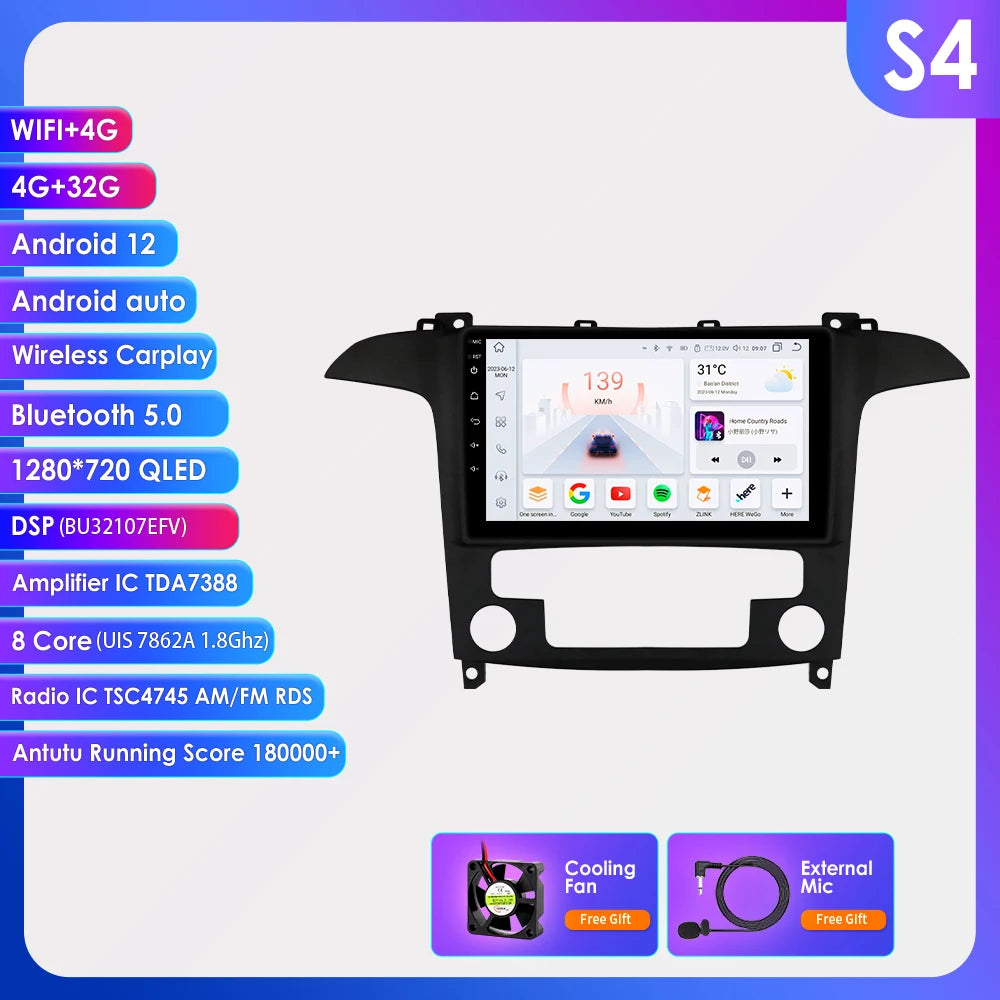 9" CarPlay Navigatie voor Ford S-Max (2007–2015) – Android 13, GPS & Draadloos