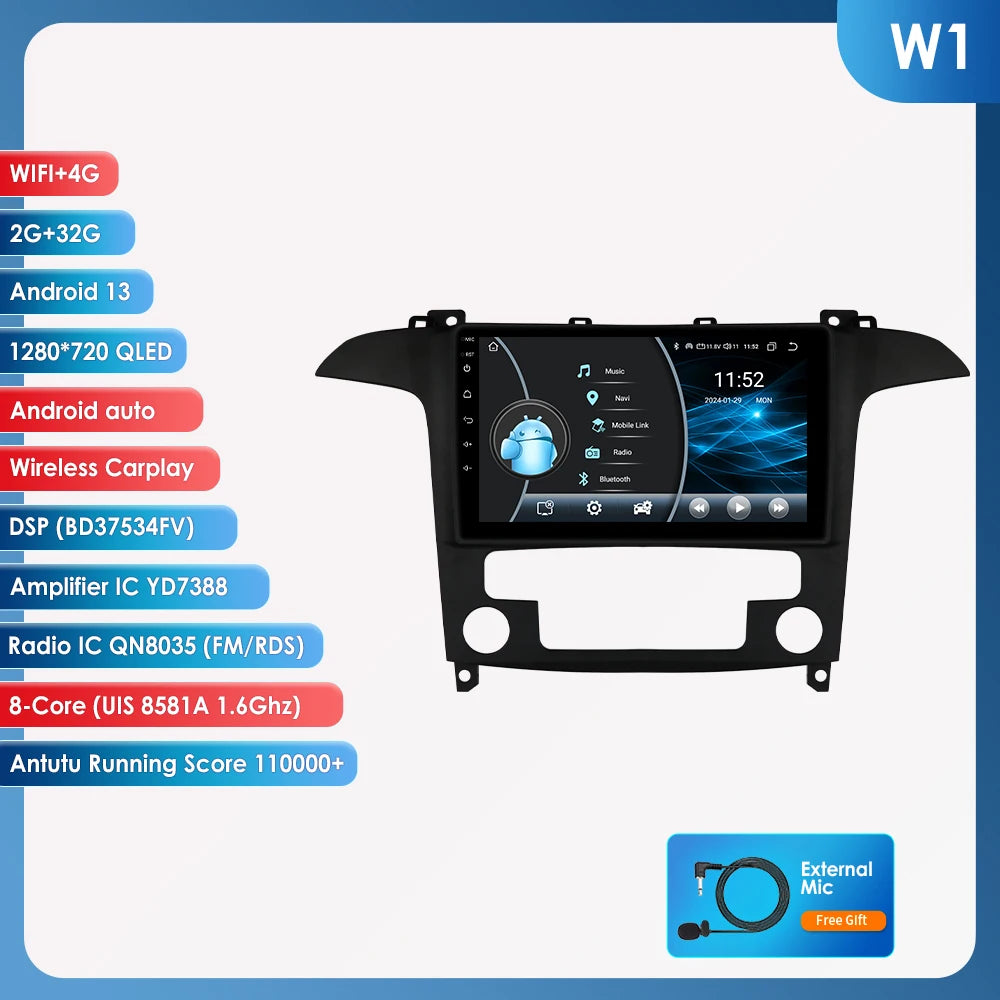 9" CarPlay Navigatie voor Ford S-Max (2007–2015) – Android 13, GPS & Draadloos