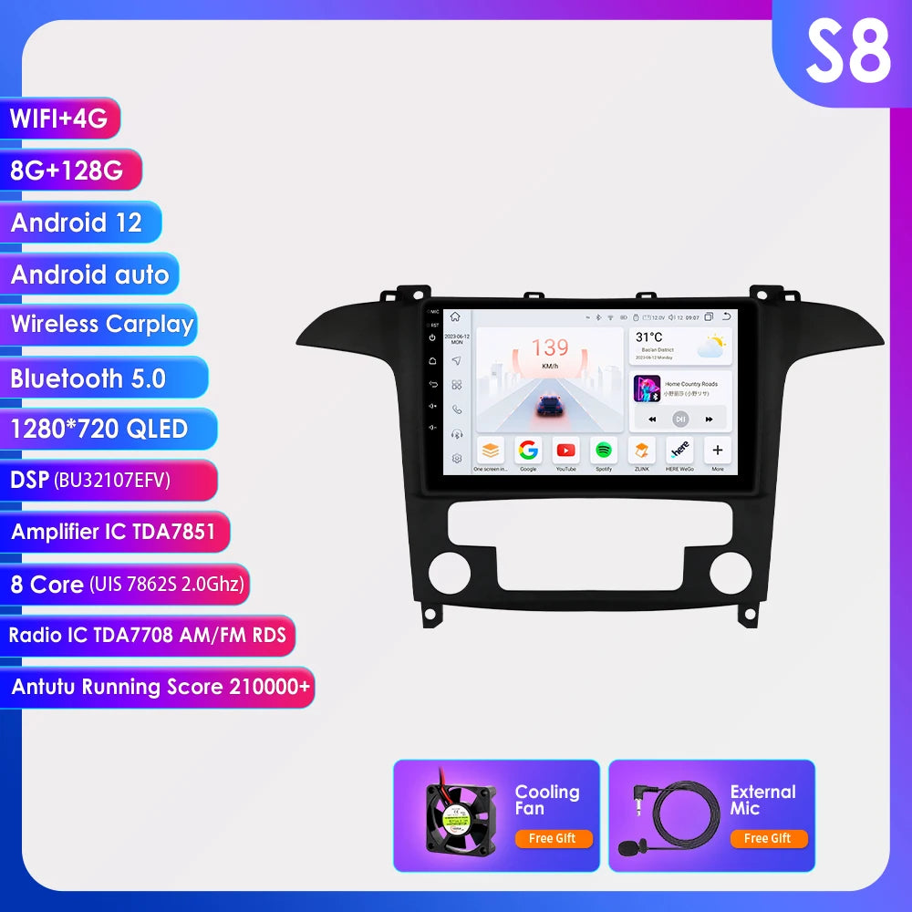 9" CarPlay Navigatie voor Ford S-Max (2007–2015) – Android 13, GPS & Draadloos