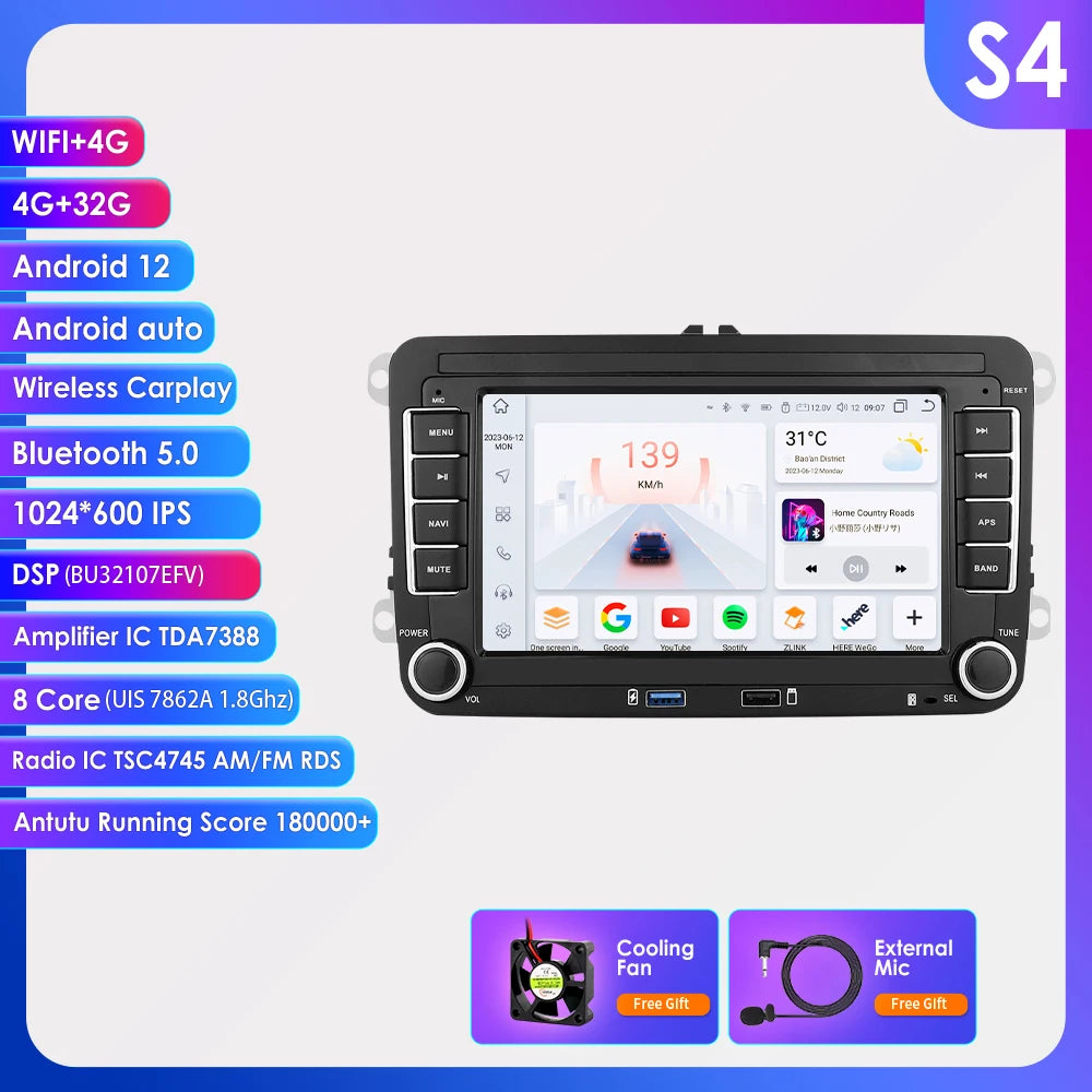 7" VW golf, polo, Seat & Skoda Navigatie | Draadloos Carplay