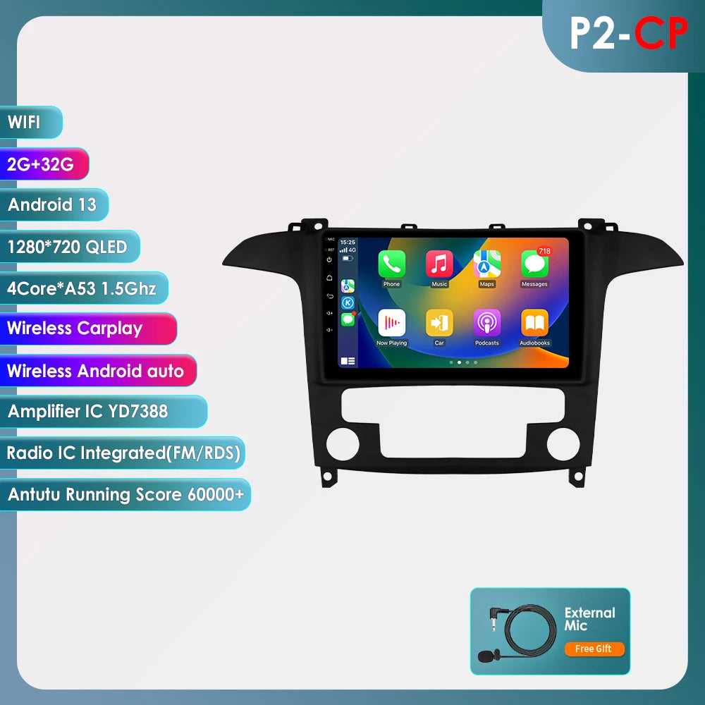 9" CarPlay Navigatie voor Ford S-Max (2007–2015) – Android 13, GPS & Draadloos