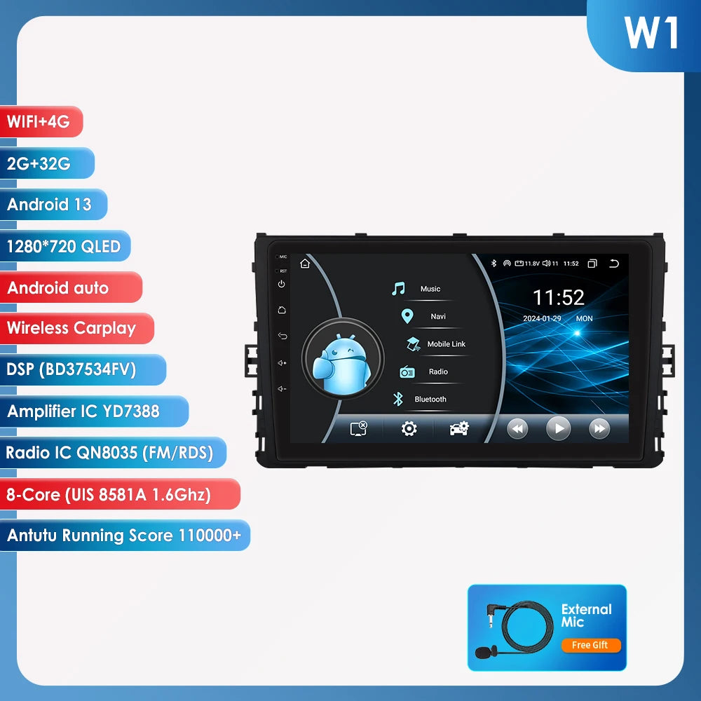 9” CarPlay Navigatie voor VW MQB (Polo, T-Cross, T-Roc)