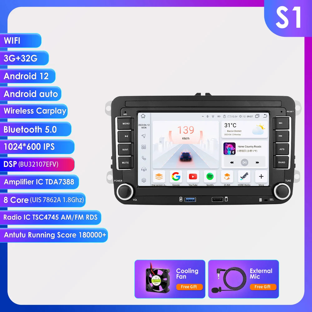 7" VW golf, polo, Seat & Skoda Navigatie | Draadloos Carplay